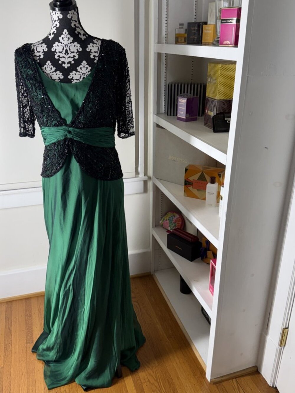 NWD Alberto Makali Beaded 1/2 Sleeve Emerald Green Silk Dress Lined Size 12